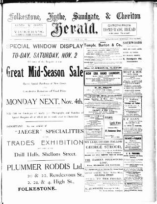 cover page of Folkestone, Hythe, Sandgate & Cheriton Herald published on November 2, 1907