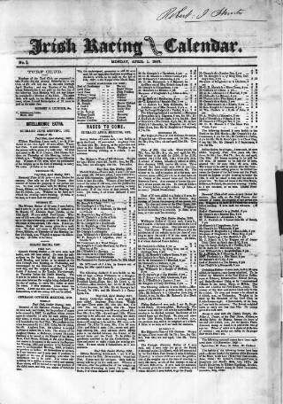 cover page of Irish Racing Book and Sheet Calendar published on April 1, 1867