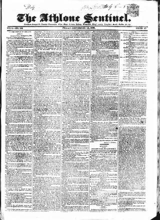 cover page of Athlone Sentinel published on September 28, 1838