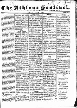 cover page of Athlone Sentinel published on April 1, 1842