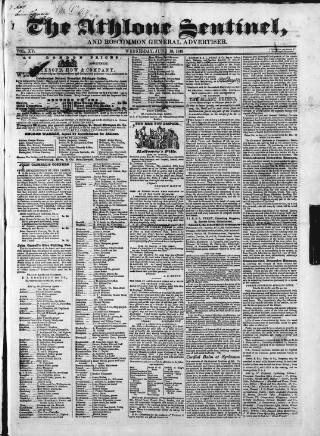 cover page of Athlone Sentinel published on June 13, 1849