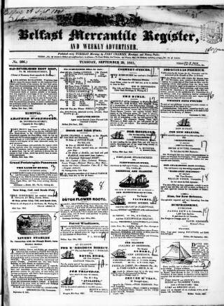 cover page of Belfast Mercantile Register and Weekly Advertiser published on September 28, 1841