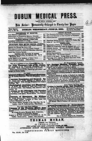 cover page of Dublin Medical Press published on June 13, 1860