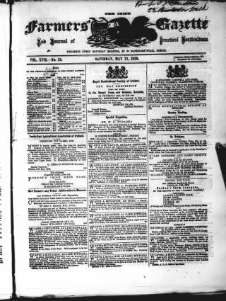 cover page of Farmer's Gazette and Journal of Practical Horticulture published on May 22, 1858