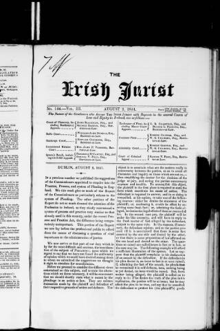 cover page of Irish Jurist published on August 2, 1851