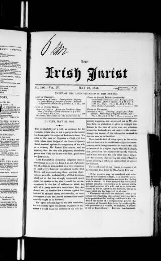 cover page of Irish Jurist published on May 22, 1852