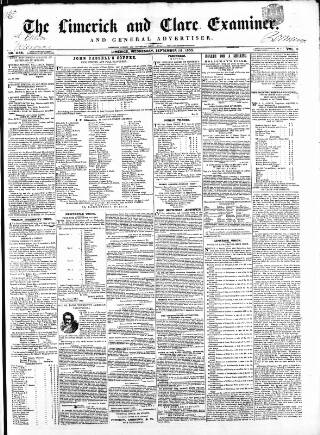cover page of Limerick and Clare Examiner published on September 28, 1853