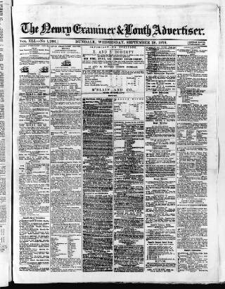 cover page of Newry Examiner and Louth Advertiser published on September 28, 1870