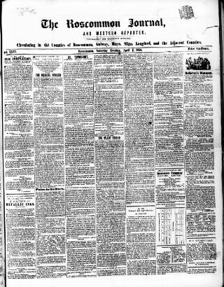 cover page of Roscommon Journal, and Western Impartial Reporter published on April 1, 1854