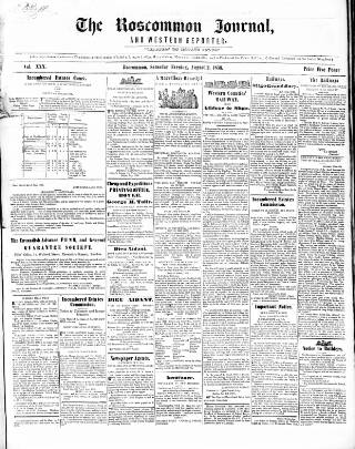 cover page of Roscommon Journal, and Western Impartial Reporter published on August 2, 1856