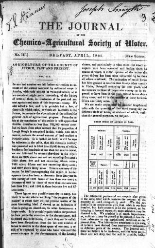 cover page of Journal of the Chemico-Agricultural Society of Ulster published on April 1, 1850