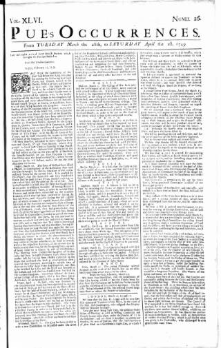 cover page of Pue's Occurrences published on April 1, 1749