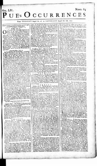 cover page of Pue's Occurrences published on August 2, 1757