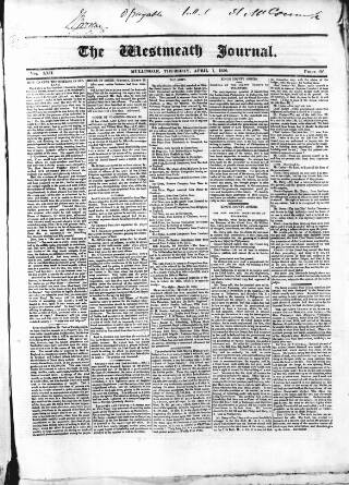 cover page of Westmeath Journal published on April 1, 1830