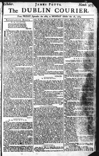 cover page of Dublin Courier published on September 28, 1764