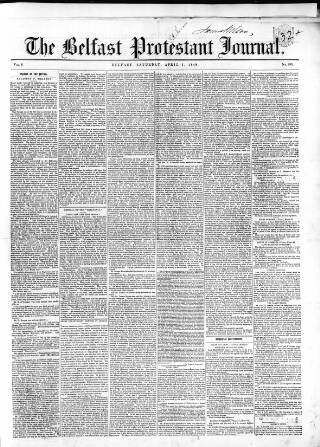 cover page of Belfast Protestant Journal published on April 1, 1848