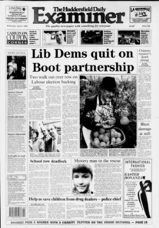 cover page of Huddersfield Daily Examiner published on April 1, 1992