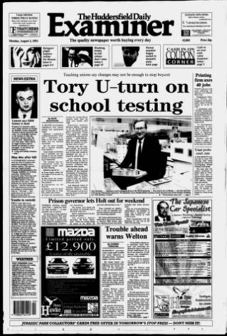 cover page of Huddersfield Daily Examiner published on August 2, 1993