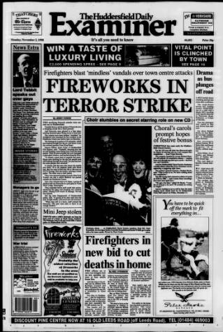 cover page of Huddersfield Daily Examiner published on November 2, 1998