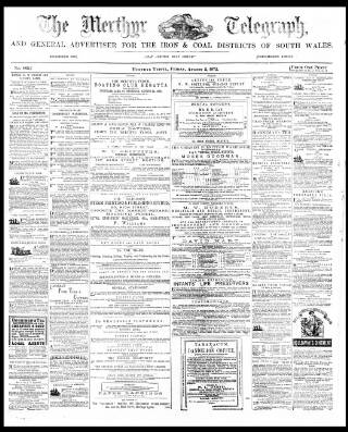 cover page of Merthyr Telegraph, and General Advertiser for the Iron Districts of South Wales published on August 2, 1872