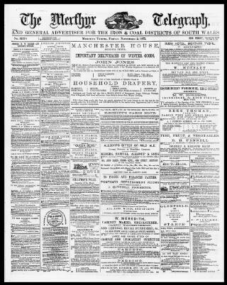 cover page of Merthyr Telegraph, and General Advertiser for the Iron Districts of South Wales published on November 2, 1877