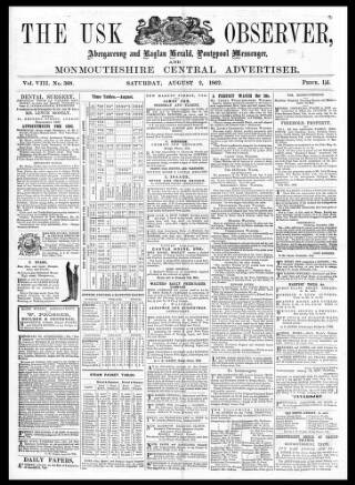 cover page of Usk Observer published on August 2, 1862