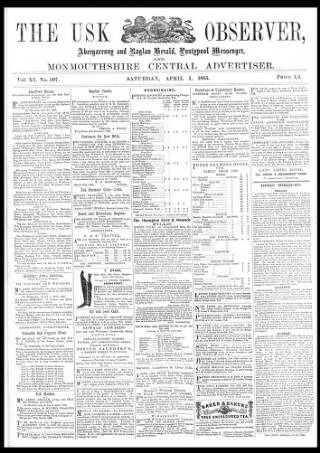 cover page of Usk Observer published on April 1, 1865