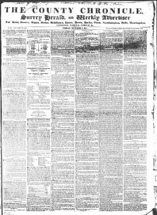 cover page of County Chronicle, Surrey Herald and Weekly Advertiser for Kent published on November 2, 1841