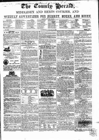 cover page of County Chronicle, Surrey Herald and Weekly Advertiser for Kent published on August 26, 1865