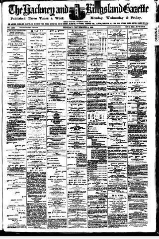 cover page of Hackney and Kingsland Gazette published on November 2, 1891