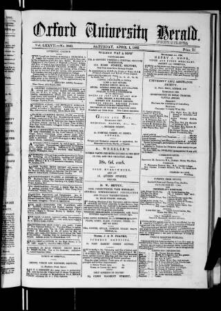 cover page of Oxford University and City Herald published on April 1, 1882