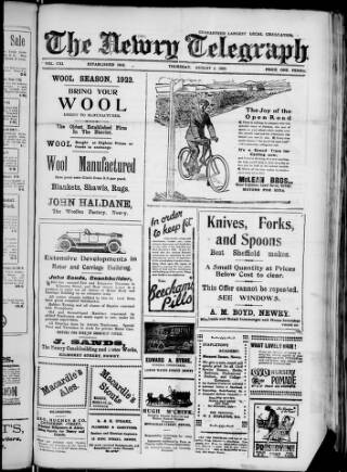 cover page of Newry Telegraph published on August 2, 1923