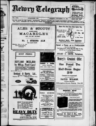 cover page of Newry Telegraph published on September 28, 1933
