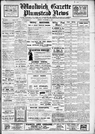 cover page of Woolwich Gazette published on November 2, 1915