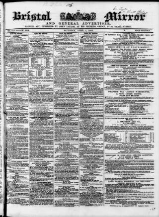 cover page of Bristol Mirror published on April 1, 1843