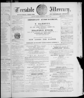 cover page of Teesdale Mercury published on April 1, 1885