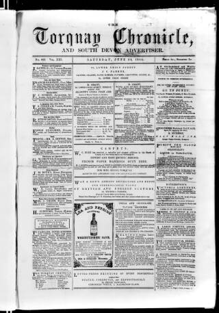 cover page of Torquay Chronicle and South Devon Advertiser published on June 21, 1862