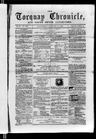 cover page of Torquay Chronicle and South Devon Advertiser published on August 2, 1862