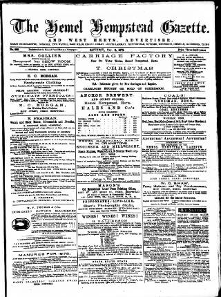 cover page of Hemel Hempstead Gazette published on November 2, 1872