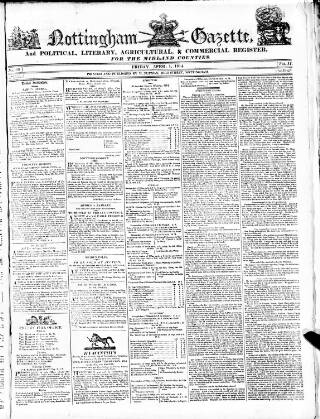 cover page of Nottingham Gazette published on April 1, 1814