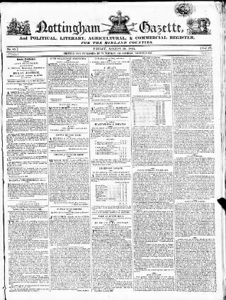 cover page of Nottingham Gazette published on August 12, 1814