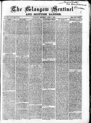 cover page of Glasgow Sentinel 1850 published on April 1, 1865