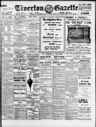 cover page of Tiverton Gazette (Mid-Devon Gazette) published on November 2, 1915
