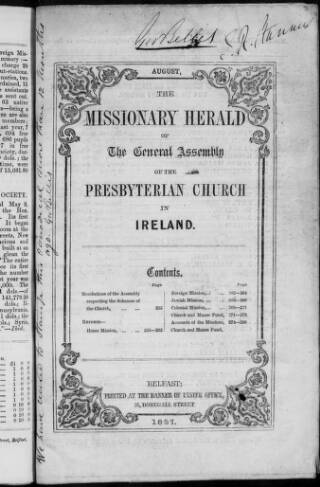 cover page of Missionary Herald of the Presbyterian Church in Ireland published on August 1, 1857