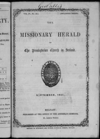 cover page of Missionary Herald of the Presbyterian Church in Ireland published on September 1, 1861