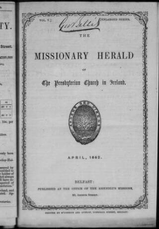 cover page of Missionary Herald of the Presbyterian Church in Ireland published on April 1, 1862