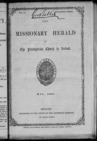 cover page of Missionary Herald of the Presbyterian Church in Ireland published on May 1, 1862