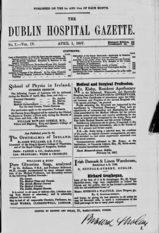cover page of Dublin Hospital Gazette published on April 1, 1857