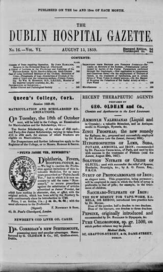 cover page of Dublin Hospital Gazette published on August 15, 1859