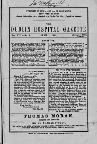 cover page of Dublin Hospital Gazette published on April 1, 1861